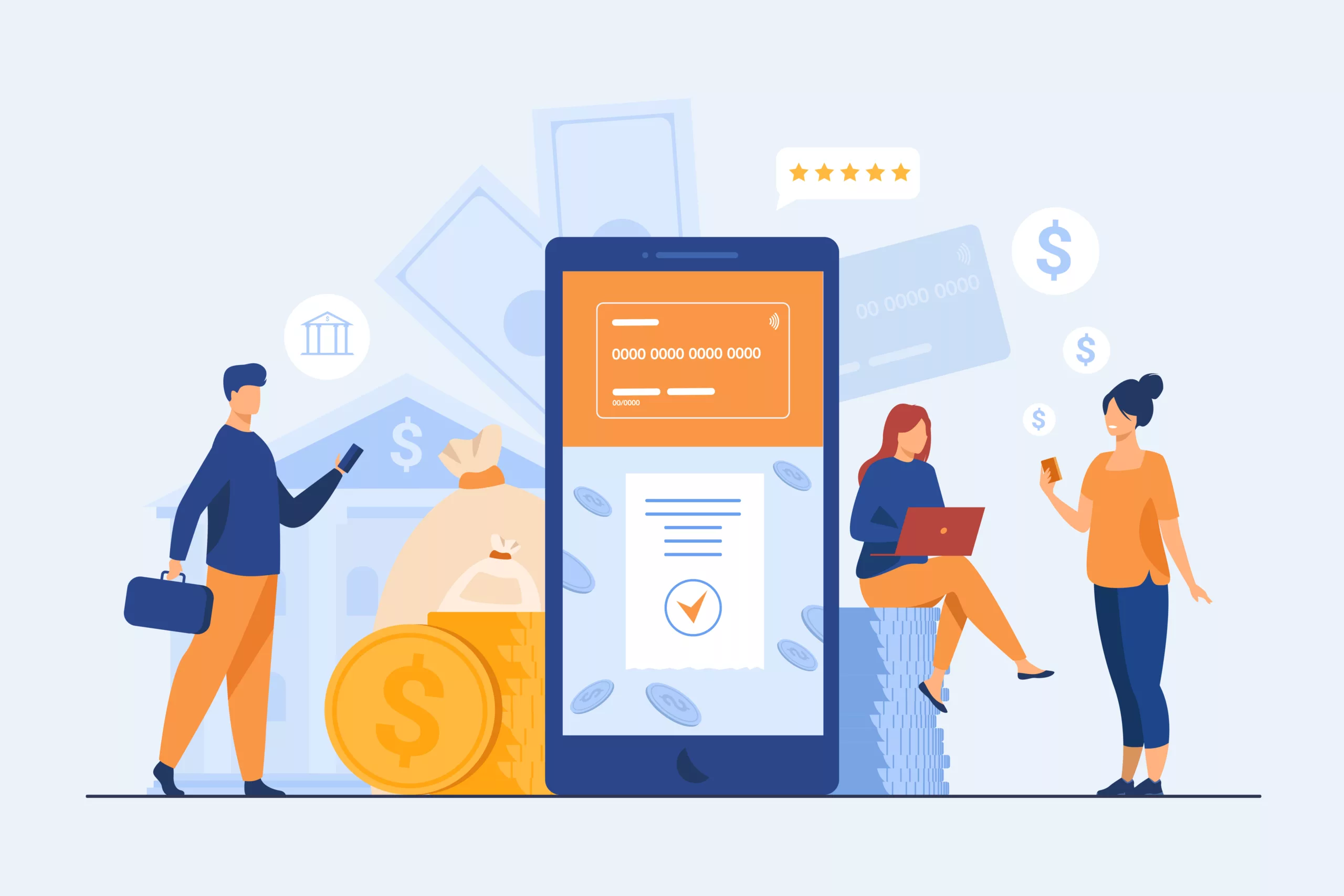 People with smartphones using mobile banking app. Man and woman with digital devices making online payment. Vector illustration for money, fintech, transaction concept